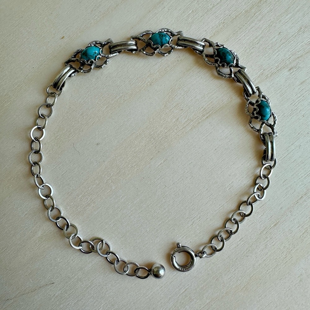 Vintage Artisan Link Bracelet Adjust 8 Inch Turquoise Flowers 925 Sterling 5.7g‎